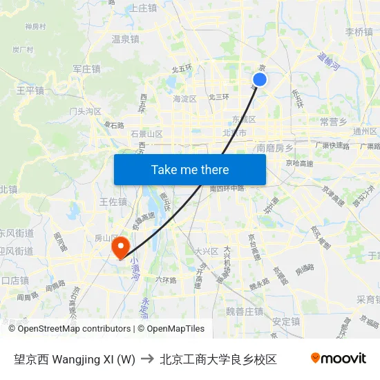 望京西 Wangjing XI (W) to 北京工商大学良乡校区 map