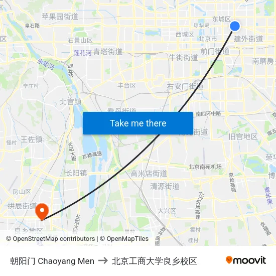 朝阳门 Chaoyang Men to 北京工商大学良乡校区 map