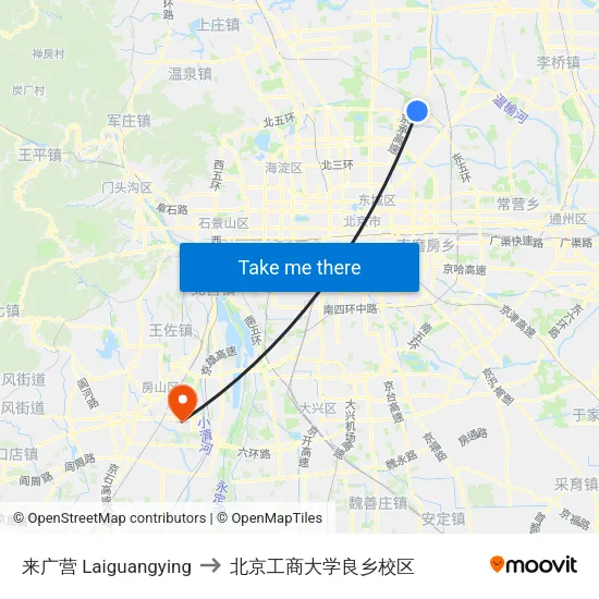 来广营 Laiguangying to 北京工商大学良乡校区 map
