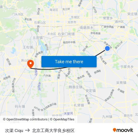 次渠 Ciqu to 北京工商大学良乡校区 map