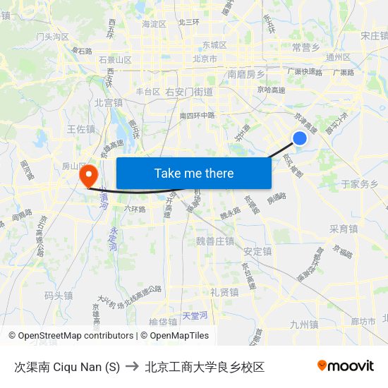 次渠南 Ciqu Nan (S) to 北京工商大学良乡校区 map