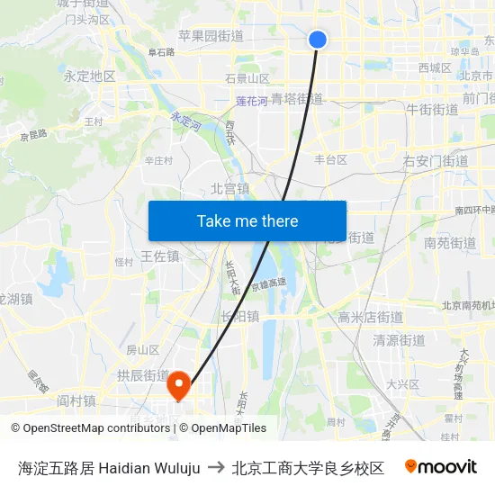 海淀五路居 Haidian Wuluju to 北京工商大学良乡校区 map