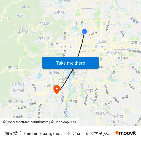 海淀黄庄 Haidian Huangzhuang to 北京工商大学良乡校区 map