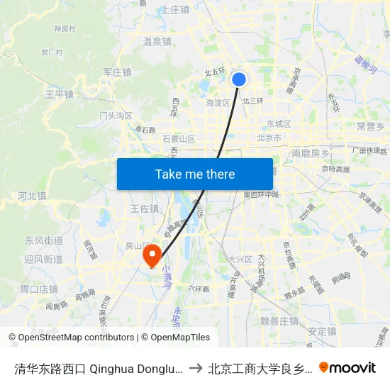 清华东路西口 Qinghua Donglu Xikou to 北京工商大学良乡校区 map