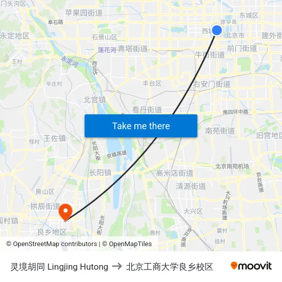 灵境胡同 Lingjing Hutong to 北京工商大学良乡校区 map