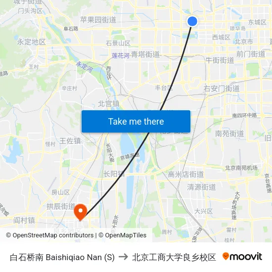白石桥南 Baishiqiao Nan (S) to 北京工商大学良乡校区 map