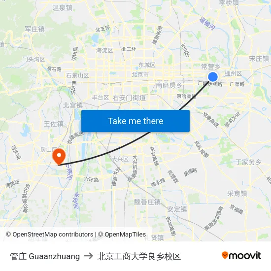 管庄 Guaanzhuang to 北京工商大学良乡校区 map