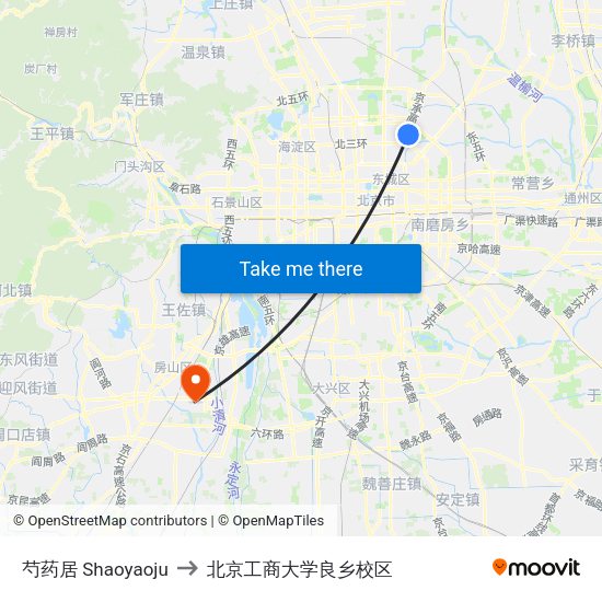 芍药居 Shaoyaoju to 北京工商大学良乡校区 map