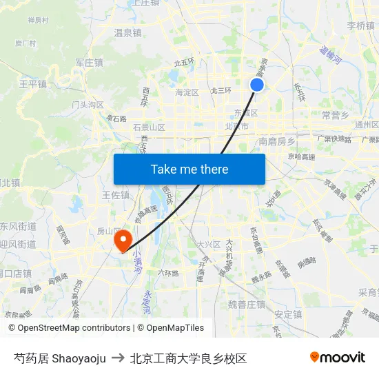 芍药居 Shaoyaoju to 北京工商大学良乡校区 map