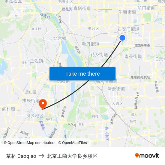 草桥 Caoqiao to 北京工商大学良乡校区 map