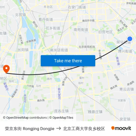 荣京东街 Rongjing Dongjie to 北京工商大学良乡校区 map