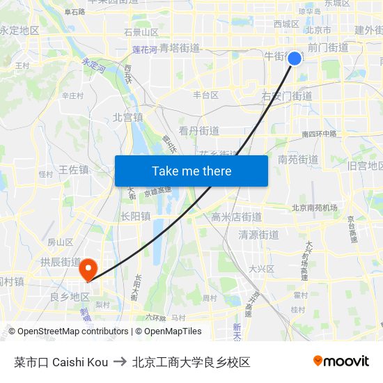 菜市口 Caishi Kou to 北京工商大学良乡校区 map