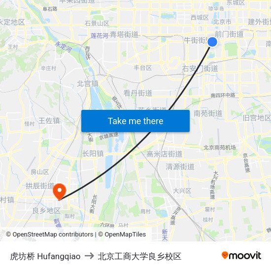 虎坊桥 Hufangqiao to 北京工商大学良乡校区 map