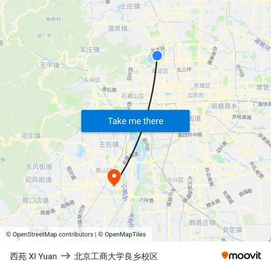 西苑 XI Yuan to 北京工商大学良乡校区 map