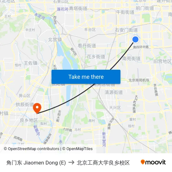 角门东 Jiaomen Dong (E) to 北京工商大学良乡校区 map