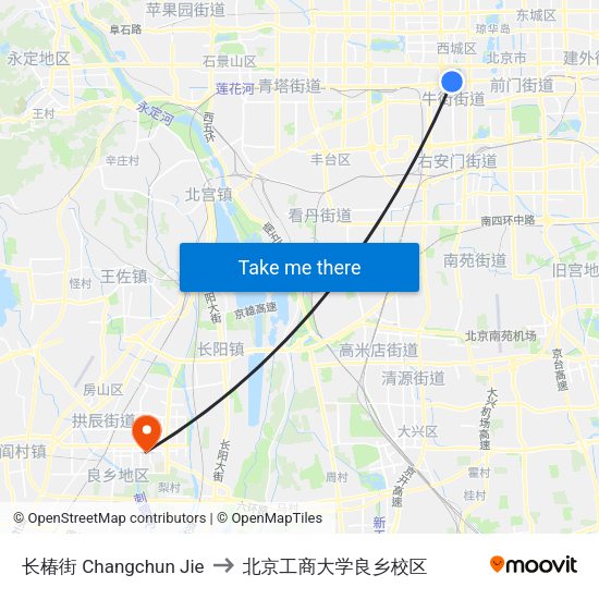 长椿街 Changchun Jie to 北京工商大学良乡校区 map