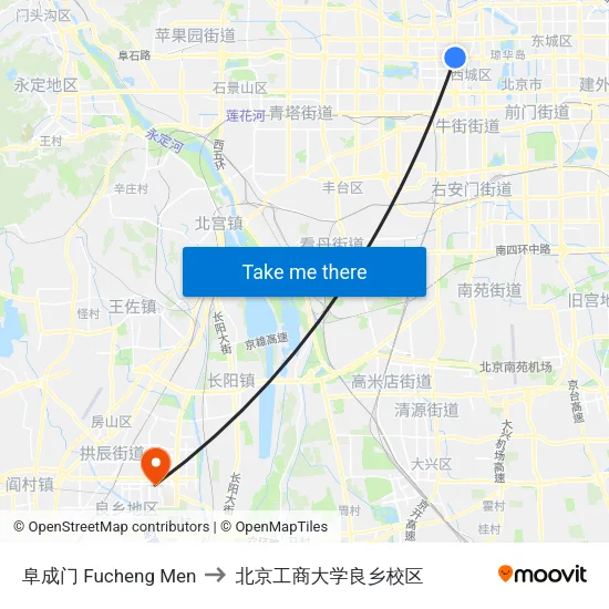 阜成门 Fucheng Men to 北京工商大学良乡校区 map