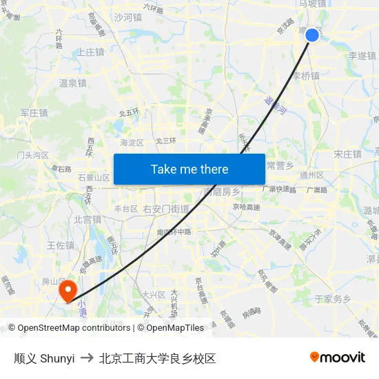 顺义 Shunyi to 北京工商大学良乡校区 map