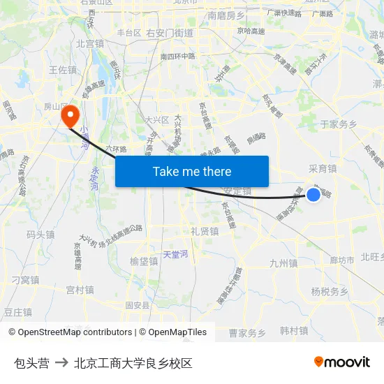 包头营 to 北京工商大学良乡校区 map