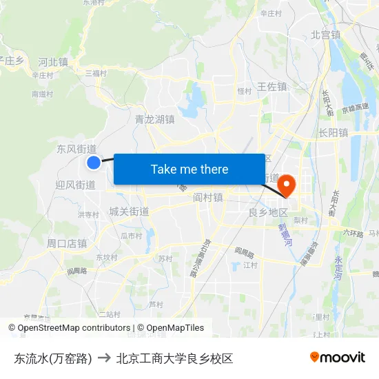 东流水(万窑路) to 北京工商大学良乡校区 map