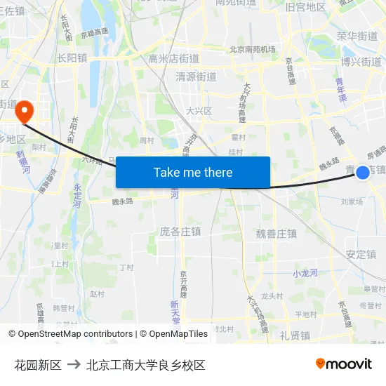 花园新区 to 北京工商大学良乡校区 map