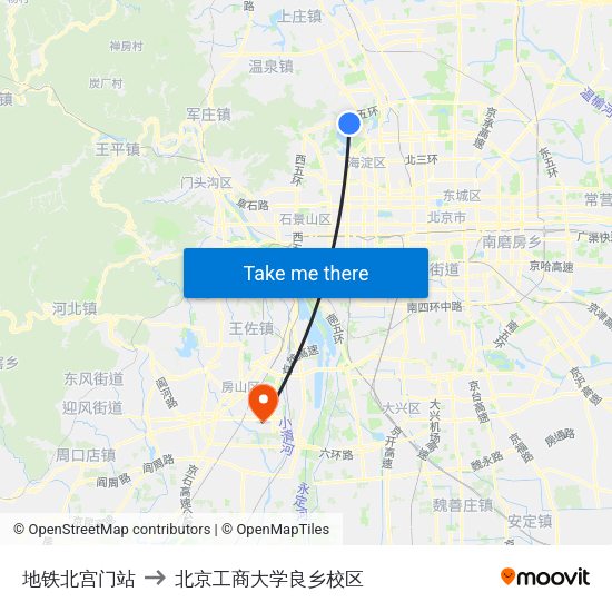 地铁北宫门站 to 北京工商大学良乡校区 map