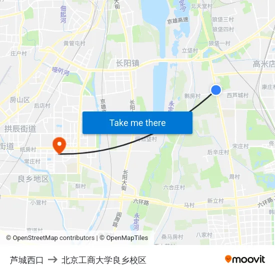 芦城西口 to 北京工商大学良乡校区 map