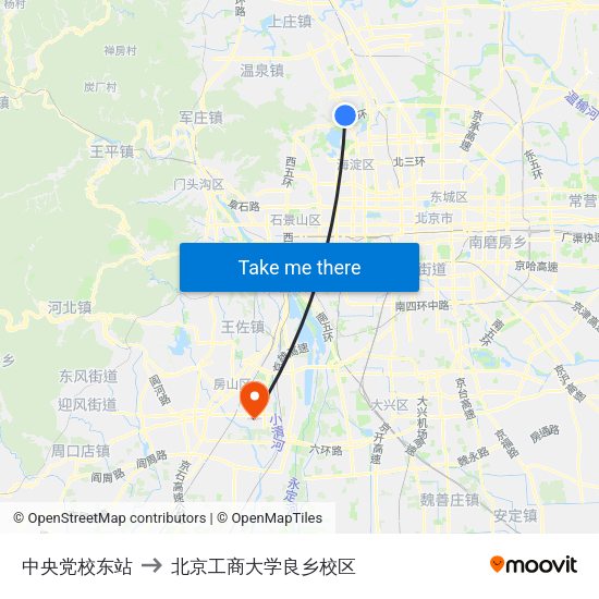 中央党校东站 to 北京工商大学良乡校区 map