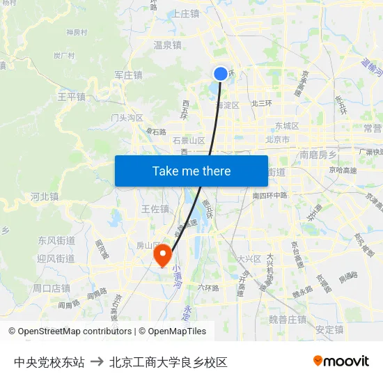 中央党校东站 to 北京工商大学良乡校区 map