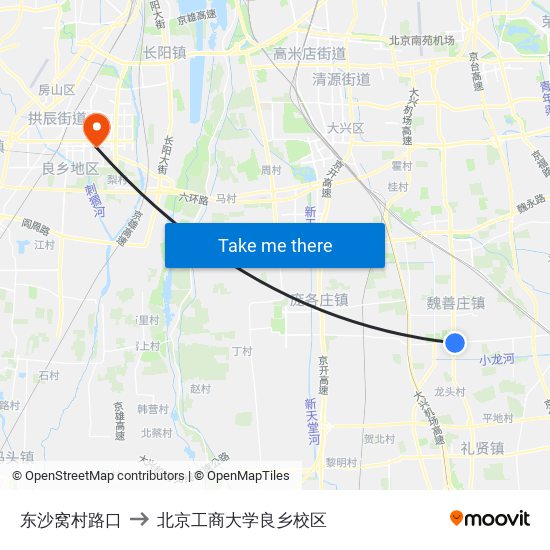 东沙窝村路口 to 北京工商大学良乡校区 map