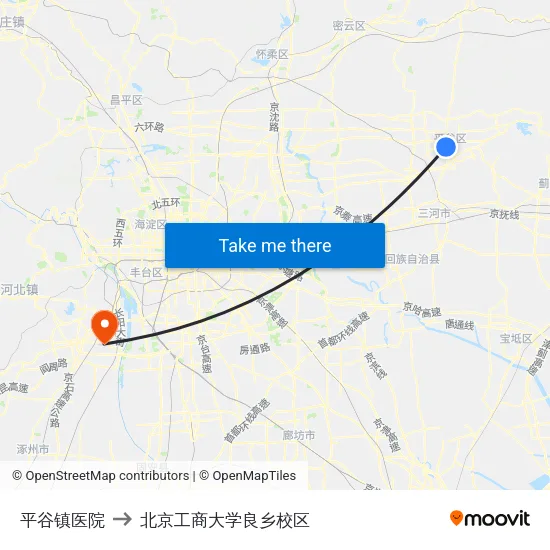 平谷镇医院 to 北京工商大学良乡校区 map