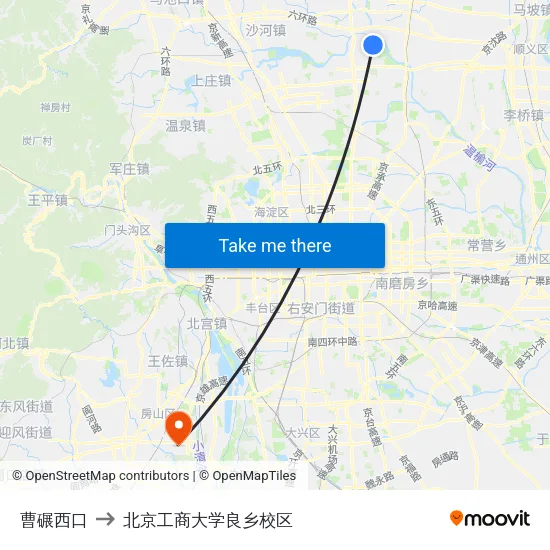 曹碾西口 to 北京工商大学良乡校区 map