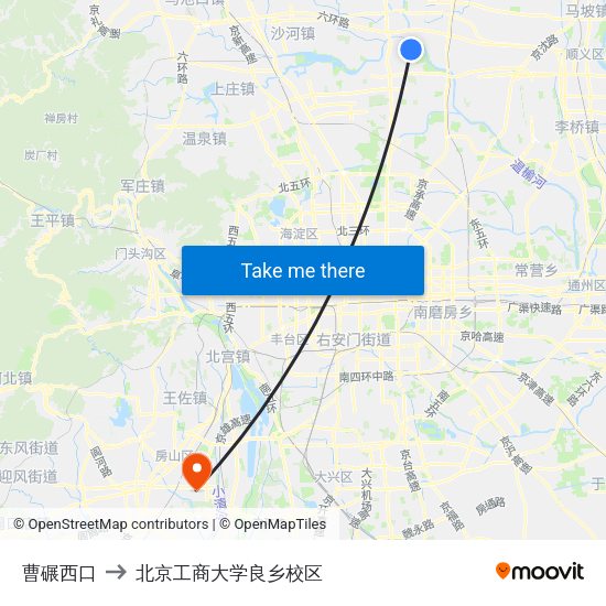 曹碾西口 to 北京工商大学良乡校区 map