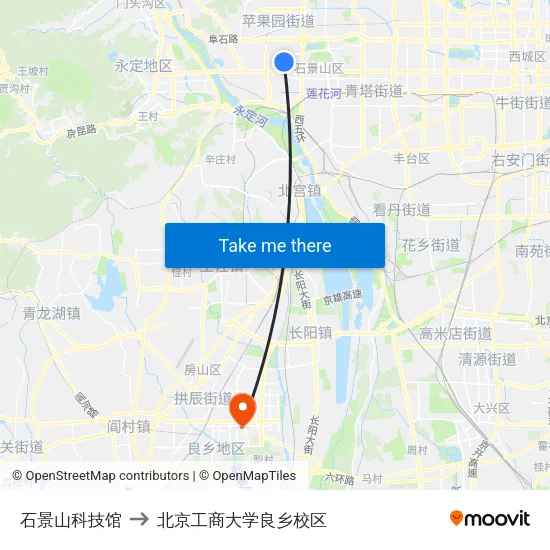 石景山科技馆 to 北京工商大学良乡校区 map