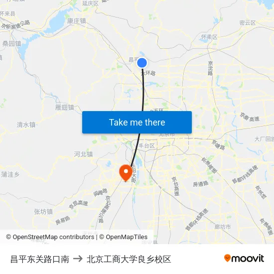 昌平东关路口南 to 北京工商大学良乡校区 map
