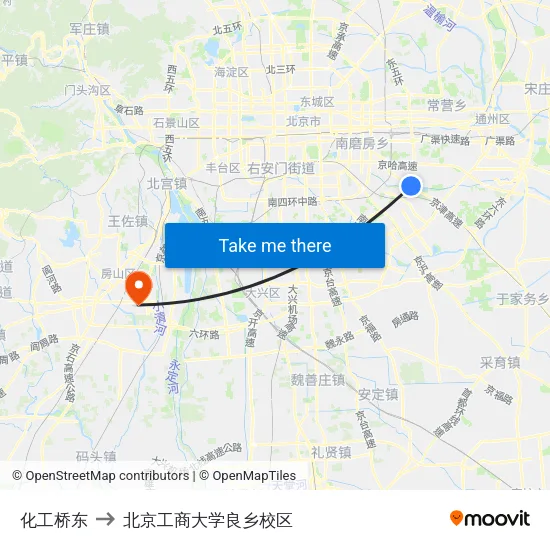化工桥东 to 北京工商大学良乡校区 map