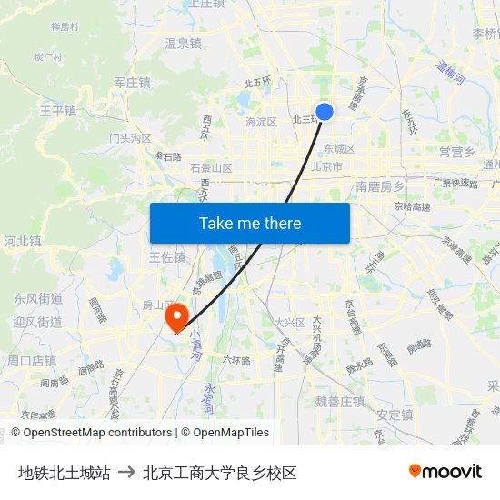 地铁北土城站 to 北京工商大学良乡校区 map