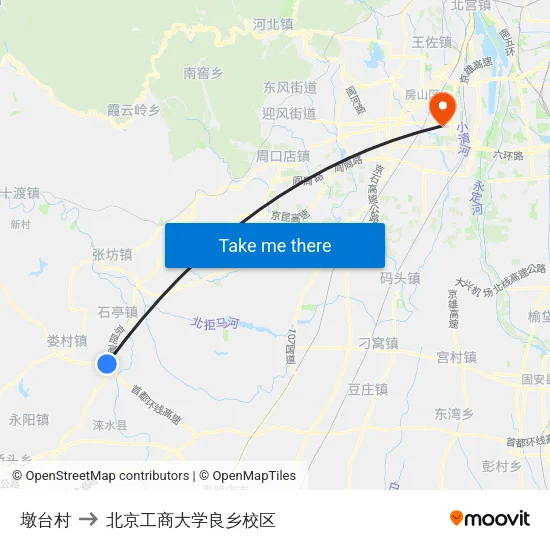 墩台村 to 北京工商大学良乡校区 map