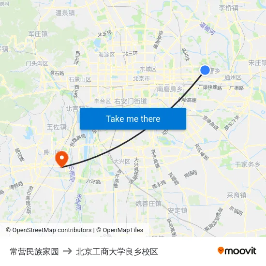 常营民族家园 to 北京工商大学良乡校区 map
