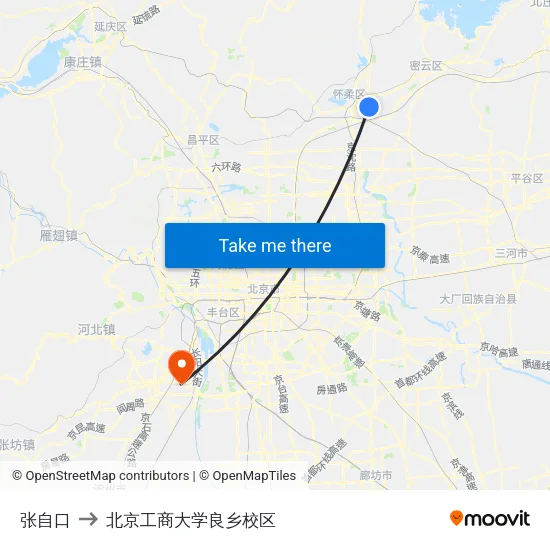 张自口 to 北京工商大学良乡校区 map