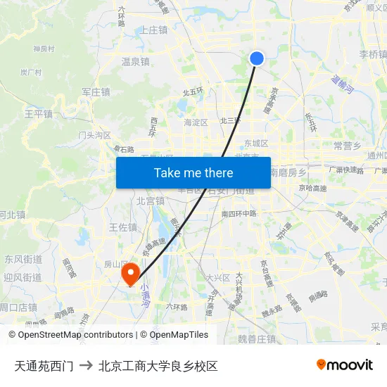 天通苑西门 to 北京工商大学良乡校区 map