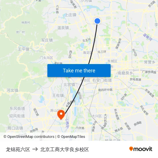 龙锦苑六区 to 北京工商大学良乡校区 map