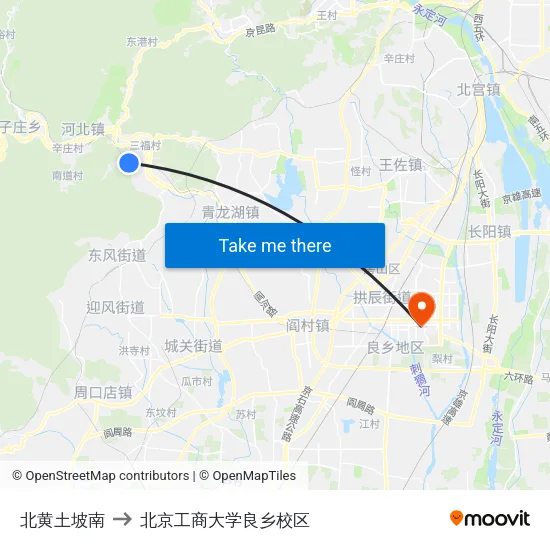 北黄土坡南 to 北京工商大学良乡校区 map