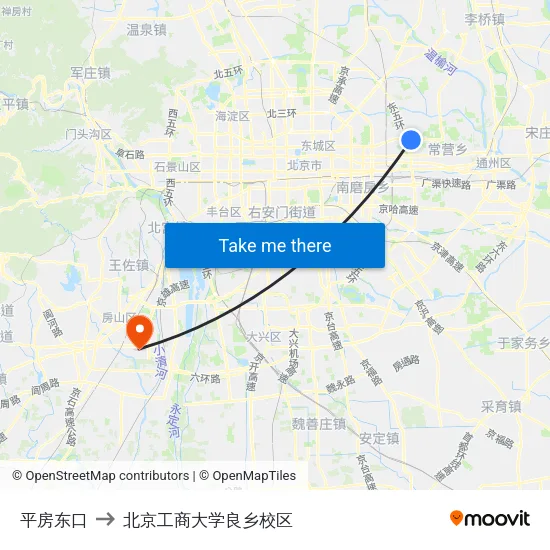 平房东口 to 北京工商大学良乡校区 map