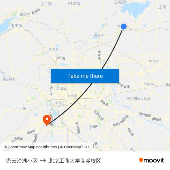 密云沿湖小区 to 北京工商大学良乡校区 map