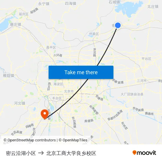 密云沿湖小区 to 北京工商大学良乡校区 map