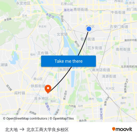 北大地 to 北京工商大学良乡校区 map