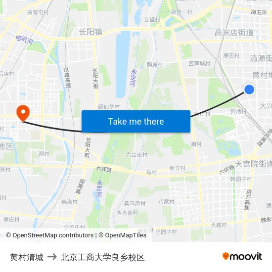 黄村清城 to 北京工商大学良乡校区 map