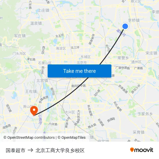 国泰超市 to 北京工商大学良乡校区 map