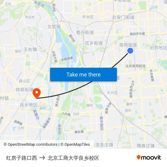 红房子路口西 to 北京工商大学良乡校区 map